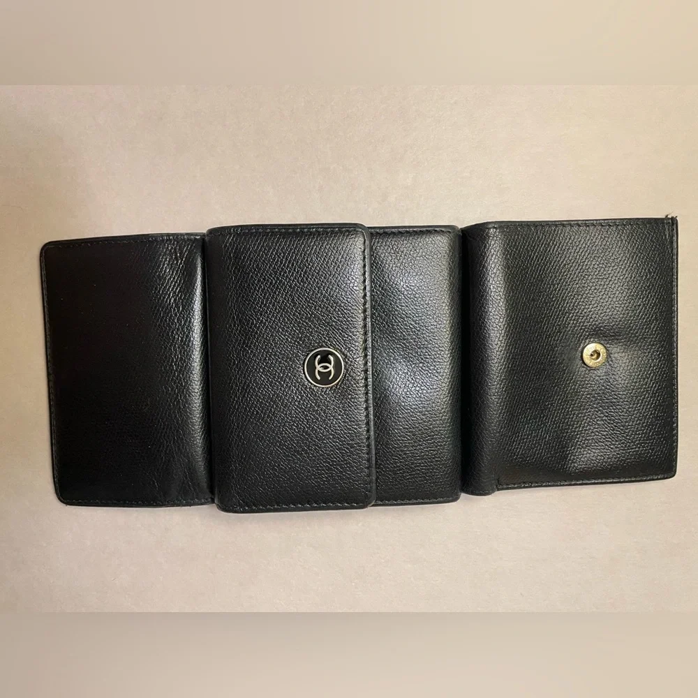 CHANEL COCO Button W Hook Wallet Black Leather Trifold